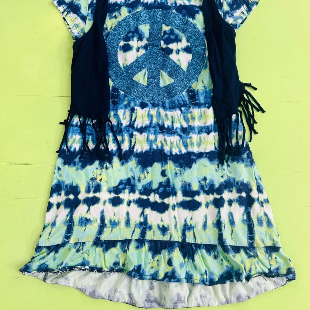 Justice Size 10 Tie Dye Peace Sign Dress Fringe Vest Blue Hippie Boho Style